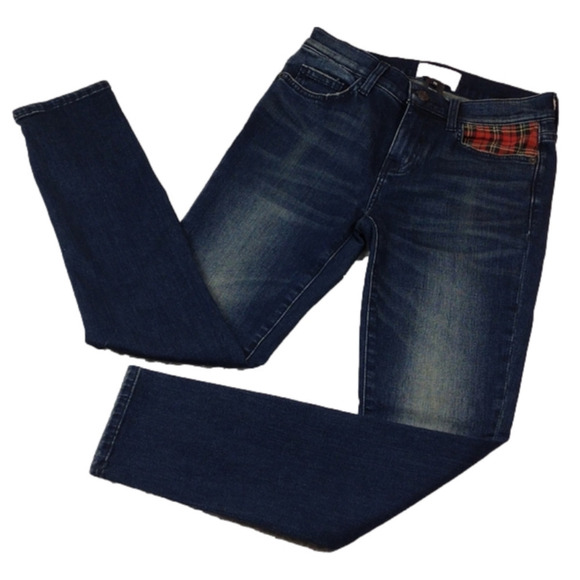Current/Elliot Blue Dark Wash Mid Rise Plaid Detail Straight Leg Denim Jean - Picture 1 of 14